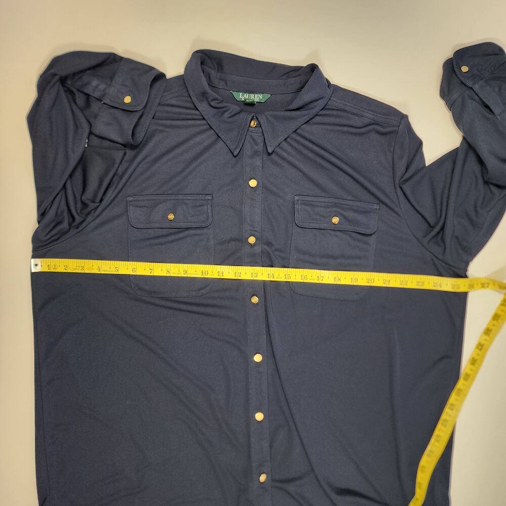 Lauren Ralph Lauren Navy Button Front Shirt Gold Buttons 3X Stretch - Picture 6 of 14